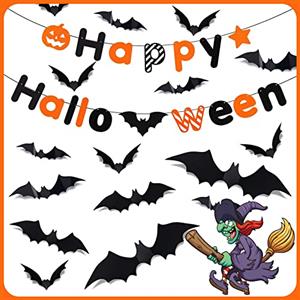 UneedMe Decorazioni di Halloween 60 Happy Halloween Banner con 20 Pezzi 3D Bat Wall Sticker Decorazione di Halloween Pipistrelli Spaventosi Adesivo da Parete, Decorazioni per Feste di Halloween Accessori