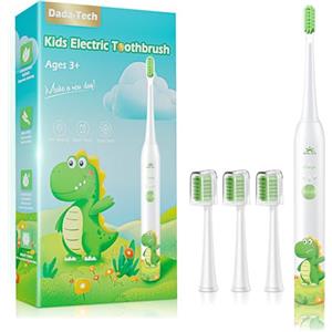 DADA-TECH Spazzolino Elettrico Bambini 3-6-12-18 Anni Spazzolino Elettrico Bambina Bambino Bimbo Con Timer Luci LED Arcobaleno E 4 Testine (Dinosauro Bianco)
