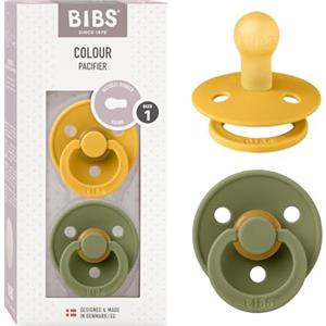 BIBS Colour Ciuccio 2 Pezzi - Tettarella Tonda in Lattice Naturale, Misura 1 (0-6 mesi), Colori Honey Bee e Olive, Privo di BPA