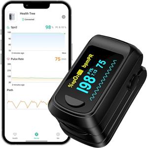 HealthTree JKS50C Saturimetro da Dito Bluetooth, Con App e Allarme | Monitor Saturazione Ossigeno(SpO2), Frequenza Cardiaca e Indice Di Perfusione(PI), Schermo OLED, Include Batterie e Cordino
