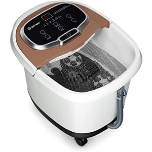 GYMAX Pediluvio Idromassaggio Elettrico con Funzione di temporizzazione, Massaggiatore Piedi con Idromassaggio Plantare e Riscaldamento dell'Acqua, 44x36x36 cm (Marrone)