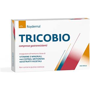Roydermal Tricobio Integratore alimentare a base di Spirulina, Ortica, Equiseto, Cistina, Metionina, Biotina, Selenio, Zinco e Vitamina D anti caduta per capelli e unghie, 30 compresse