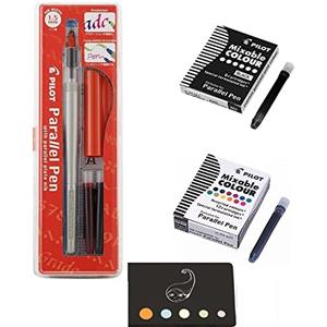 Blumie Shop Set con penna Pilot "Parallel Pen" 1,5 mm + 1 scatola con 12 cartucce di inchiostro di colori assortiti + 1 scatola con 6 cartucce nere + 1 righello segnalibro in legno Blumie