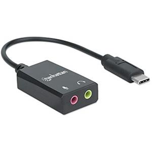 Manhattan Adattatore audio/audio USB-C, USB-C a porte Mic-in e Audio-Out da 3,5 mm, 480 Mbps (USB 2.0), supporta stereo 2.1, cavo 11 cm, nero, scatola