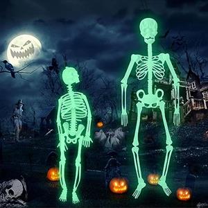 Leonshco 2 Pezzi Decorazioni di Halloween Horror Scheletro Fluorescente Ornamento, Scheletro di Festa Decorazioni Horror Luminose, Scheletro di Halloween a Grandezza Naturale Giunti Mobili a 360°
