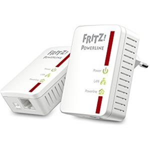 AVM FRITZ! Powerline 510E Kit di 2 Adattatori, Fino a 500 Mbit/s, Porta Fast Ethernet, Plug and Play, Eco Mode, Istruzioni in Italiano, Bianco/Rosso