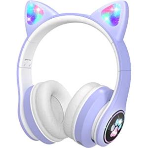 VuyKoo Cuffie Bluetooth per bambini con microfono/ illuminazione LED, Cuffie Wireless limitatore 85dB, Cuffie On-Ear pieghevoli per Smartphone/scuola/scrivania/PC/Kindle (Viola)
