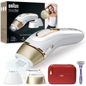 Braun Silk-expert Pro 5 Epilatore Luce Pulsata, Alternativa al Laser, Zone Sensibili, Viso, Bikini e Ascelle, 3 Accessori, Rasoio, Custodia Viaggio,Idea Regalo, Festa della Donna,PL5267 Bianco e Oro