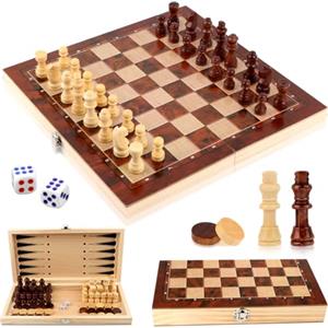 talifoca 3 in 1 Scacchiera in Legno, Scacchiera Pieghevole Chess Board Set, pieghevole portatile set scacchiera, per bambini adulti festa di viaggio 29x29 cm