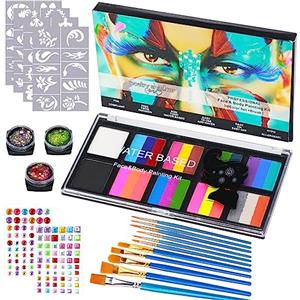 Ortviai Truccabimbi Trucco per Bambini, Truccabimbi Kit Anallergici Atossici 20 Colori per Body Painting, Trucca Bimbi Viso con 40 Stencil Tatuaggio, Adatto per Halloween, Carnevale, Natale