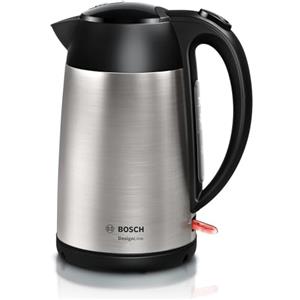 Bosch Bollitore Elettrico TWK3P420, Capacità 1.7 L, Spegnimento Automatico, Beccuccio Antigoccia, Filtro Anticalcare Removibile in Acciaio Inox, Indicatore Livello dell'Acqua, Acciaio Inox, Nero