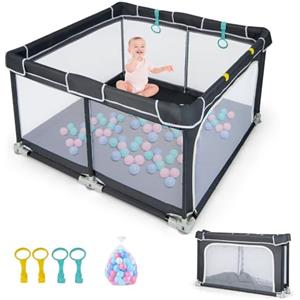 RELAX4LIFE Recinto Pieghevole per Bambini con Box Giochi, 4 Anelli, 50 Palline Oceaniche, Borsa, Porta con Cerniera, Senza Montaggio, in Tessuto Oxford (Nero, 127x127cm-Piega a pannelli)