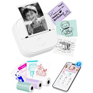 Memoking Mini Stampante Etichette Adesive, T02 Mini Stampante Portatile Bluetooth | Mini Stampante Adesive Con 3 rotoli di carta, Etichettatrice Etichette Adesive per Foto, Immagini, Note, DIY, Diari, Regali