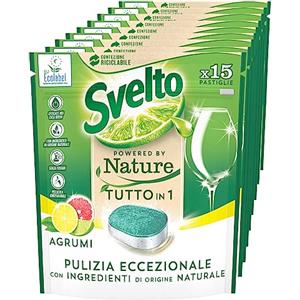 Svelto Powered By Nature Tutto in 1 Pastiglie Lavastoviglie Pulizia Eccezionale Profumo Agrumi Azione Sgrassante Idrosolubili con Ingredienti di Origine Naturale - 9 Confezioni da 15 Pastiglie