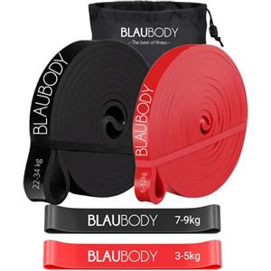 BLAUBODY Elastici per Trazioni Alla Sbarra Set X4 Pull Up Bande 2 Elastici Trazioni Nero 22-34kg / Rosso 6-12kg +2 Mini Elastici 3-5kg / 7-9kg Bande Di Resistenza Ginnastica Elastici Palestra Uomo Donna