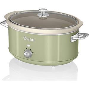 Swan Retro SF17031GNEU Pentola Cottura Lenta 6,5L Contenitore Estraibile, Antiaderente Ceramica Libera PFOA e PTFE, 3 Livelli Temperatura, Coperchio Vetro, Slow Cooker Design Vintage, Verde, 320W