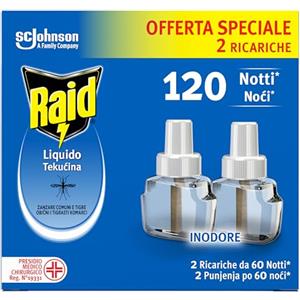 Raid Liquido Elettrico Antizanzare Doppia Ricarica, Inodore, Confezione da 2 Ricariche da 36ml, 120 Notti