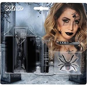 Boland 45097 - Set trucco con vedova nera, 1 tessuto in tulle, 1 rossetto, 4 adesivi, 1 matita per trucco e 1 gel glitterato, trucco, set, trucco, ragno, strega, Halloween, carnevale, festa a tema