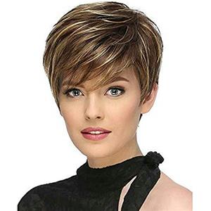 Fleurapance - Parrucca da donna, con capelli corti color castano e oro chiaro, parrucca sintetica con frangia obliqua, per uso quotidiano