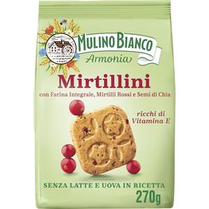 Mulino Bianco Mirtillini, Biscotti Frollini con Farina Integrale, Mirtilli Rossi e Semi di Chia, Ricchi di Vitamina E, Senza Latte e Uova in Ricetta, Confezione 270g