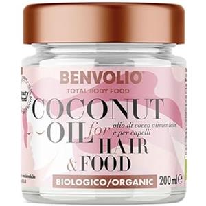 BENVOLIO - Olio di Cocco per Capelli Biologico Total Body Food | 200ml | per Capelli Ricci, Secchi o Crespi | Termoprotettore, Leave in Conditioner | Alimentare | Coconut Oil For Hair