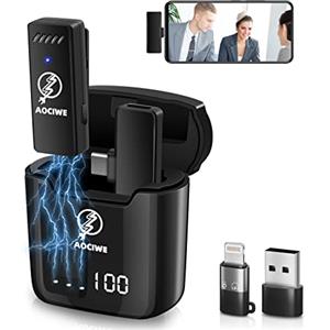 AOCIWE Microfono Wireless Lavalier - 2 Trasmettitori Microfono e 1 Ricevitore, Custodia Di Ricarica Per Display Digitale, Microfono Per Youtube Zoom E Altre Registrazioni Video Live