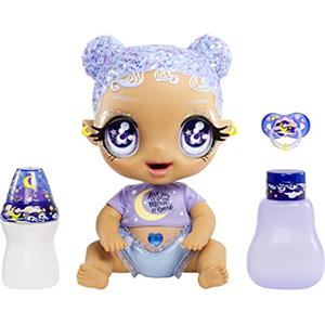 Glitter Babyz MGA'S SELENA STARGAZER - Bambola con 3 cambi di colore, capelli viola glitterati, vestito con luna e stelle, accessori, biberon e ciuccio - Età: 3+ anni