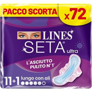 Lines Seta Ultra Lungo con Ali, 72 assorbenti lunghi per il giorno con ali a incastro perfetto. Per flussi intensi e ipoallergenico. Comfort e asciuttezza con cuore super assorbente, pacco scorta.