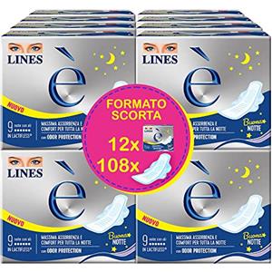 Lines È Notte con Ali: 108 assorbenti ipoallergenici in Lactifless per flussi intensi. Protezione completa e comfort per tutta la notte. Il Lines più flessibile con Odor Protection, pacco scorta.