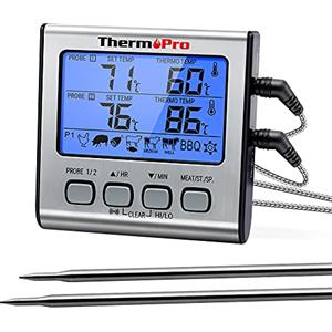 ThermoPro TP17 Termometro Cucina Digitale a Doppia Sonda con Modalità Timer e Display LCD per Cottura BBQ Alimenti Carne Forno Arrosto Griglia