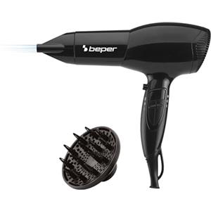 BEPER 40.979 Asciugacapelli 2000W con Diffusore e Concentratore, Manico Antiscivolo, Nero