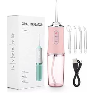 Shinekoo Idropulsore senza fili, mini irrigatore orale portatile, 220 ml, ricaricabile tramite USB, IPX7, impermeabile, 3 modalità con 4 ugelli, impermeabile, rotazione a 360° (rosa)