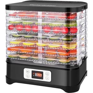 Nictemaw MEYKEY Essiccatore per alimenti, Disidratatore co 8 scomparti, per verdura, frutta, carne, temperatura regolabile 35-70 ℃, 400 W, nero, acciaio inox