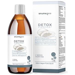 ANUMEGEO DETOX Cleanser Vegano 11 Erbe e Frutta. Papaya, Carciofo, Tè Verde, Guaranà - Dimagrante, Purificante Fegato, Diuretico, Antiossidante, Soluzione Liquida 500ml per 2 settimane di utilizzo.