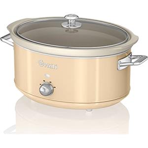 Swan Retro SF17031CNEU Pentola Cottura Lenta 6,5L Contenitore Estraibile, Antiaderente Ceramica Libera PFOA e PTFE, 3 Livelli Temperatura, Coperchio Vetro, Slow Cooker Design Vintage, Crema, 320W