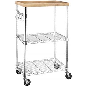 Amazon Basics scaffale da cucina portatile a 3 ripiani su ruote girevoli con 2 ripiani regolabili, capacità 175 libbre, 53 x 38 x 92 cm (lunghezza x larghezza x altezza), In Legno/Cromato
