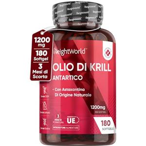 WeightWorld Olio di Krill con Astaxantina e Colina, 180 Capsule Softgel (Scorta 3 Mesi), Olio di Krill Puro Antartico 1200mg, Omega 3, EPA, DHA, Fosfolipidi Marini 180mg, da Fish Oil Puro, Astaxanthin, Senza OGM