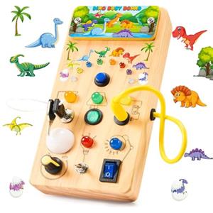 HappyGoLucky Giocattoli Dinosauro Busy Board, Giochi Bambini Giochi Montessori con 7 Interruttori 15 Luci a LED Giocattoli Educativi Regalo Bambin 1 2 3 Anni