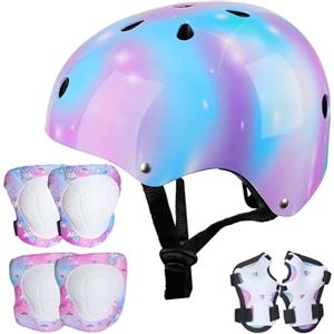 Unicorn Castle Set di Casco Protezione Bambini con Casco Regolabile Ginocchiere Gomitiere e Polsiere per Skateboard Pattini in Linea Bicicletta Protezione Bambina(3-8 Anni)