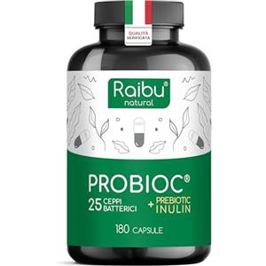 RAIBU Probiotici Fermenti Lattici Probioc - 180 Capsule, 25 Ceppi Batterici con Inulina, 60 Miliardi UFC - Resistenti ai Succhi Gastrici, Alta Dosaggio & Inclusi Lactobacillus e Bifidobatteri - Raibu