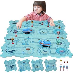 SGILE Puzzle Labirinto Costruzione Percorsi 16 pz Puzzle STEM per Sviluppare la Logica per Bambini, Gioco in Scatola con Macchinina, Apprendimento Precoce per Ragazzi/e 3-7 Anni Regalo (Oceano)