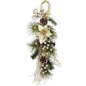 Flair Flower Decorazione da appendere con stella di Natale, ramoscelli di Natale, coni, catena di luci a LED, rami di abete, appesa da parete, decorazione da parete, decorazione natalizia fiori artificiali