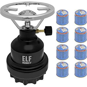 Elfmonkey Fornello da campeggio E190 | Set fornello a gas in metallo & cartuccia di gas | piano cottura a gas a 1 luce | outdoor, tempo libero | campeggio, emergenza: modello: nero + 8 cartucce a gas