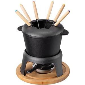 Navaris Set Fonduta Ghisa - Kit Fonduta per Formaggio Carne - Fondue Bourguignonne - Kit Fonduta Cioccolato - Pentola Ghisa Base Legno - da 6 Persone - Accessori Cucina Idea Regalo
