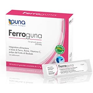 GUNA Ferroguna 28 Bustine Orosolubili - Integratore Alimentare a Base di Ferro, Rame, Vitamina C, con Polpa Disidratata del Frutto del Baobab