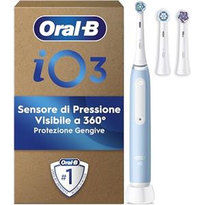 Oral-B Spazzolino Elettrico Ricaricabile iO 3N, Sensore di Pressione, Timer Anello Luminoso, 3 Modalità di Spazzolamento, 3 Testine, 1 Spazzolini, 1 Custodia Viaggio, Blu, Idea Regalo