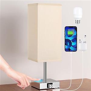 kakanuo Lampada da Tavolo, Touch Dimmerabile, Abat jour da Comodino con Porte di Ricarica USB C+A Lampadina LED, Paralume in Tessuto TC Giallo, Lampada da Comodino Camera da Letto Soggiorno Ufficio