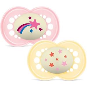 MAM Original Night Succhietto 16+ mesi, Set da 2 ciucci, Rosa/Giallo | Si illumina al buio, Con porta ciuccio sterilizzatore, Tettarella extrasottile e flessibile, Silicone SkinSoft, Senza BPA/BPS
