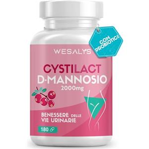 WESALYS CYSTILACT® - 180 CAPSULE | D-Mannosio Puro 2000mg | Integratore Cistite, con Mirtillo Rosso, Probiotici ed Acido ialuronico | per Candida e Infezioni delle Vie Urinarie | 100% Vegan