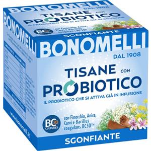 Bonomelli Tisana Probiotica Sgonfiante, Confezione da 10 Filtri, con Finocchio, Anice e Carvi, Integratore Alimentare, Favorisce la Regolare Motilità Gastrointestinale (20g)